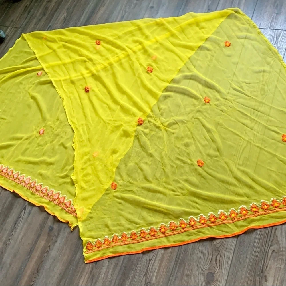 Yellow Sheer Scarf with Red Floral Accents 40/82 inches
